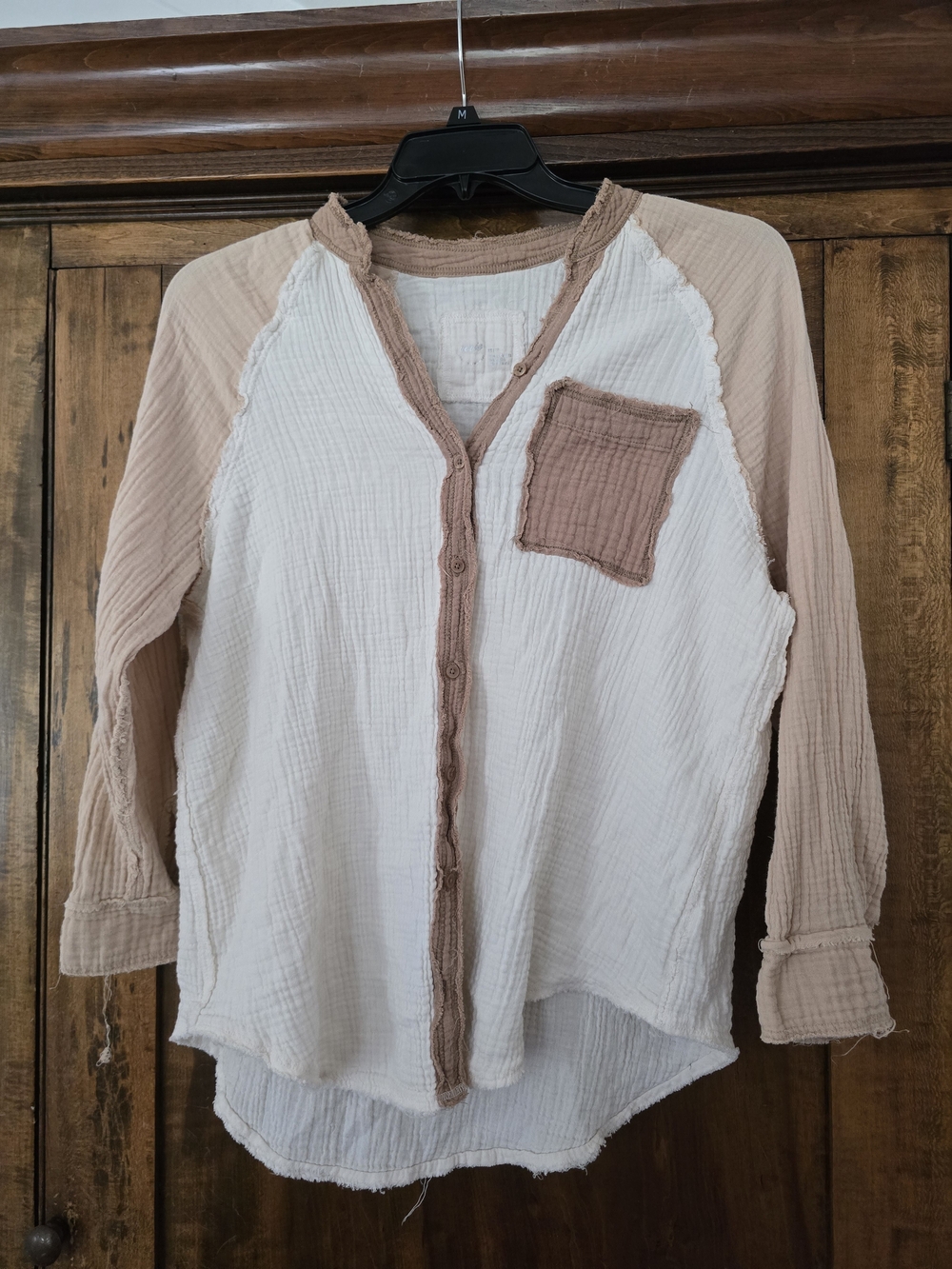 O aerie Cream Button-Front Gauze Raglan Shirt with Tan Trim XS